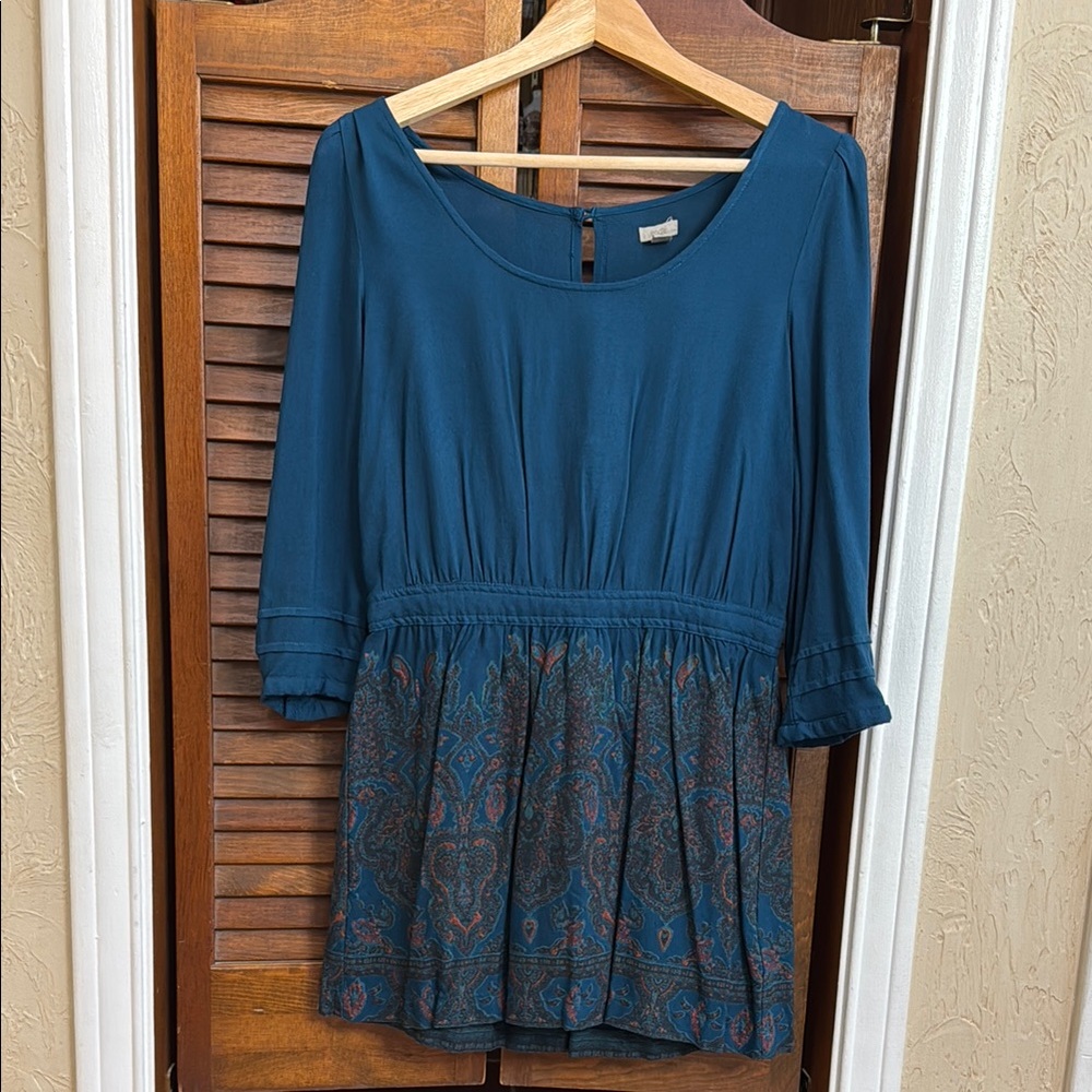 Ecoté Urban Outfitters Teal Open Back Paisley 3/4 Sleeve Tunic Mini Dress.